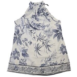 Tahari White Blue Floral Shirt NEW $58 Sleeveless High Button Neck Women Size XS